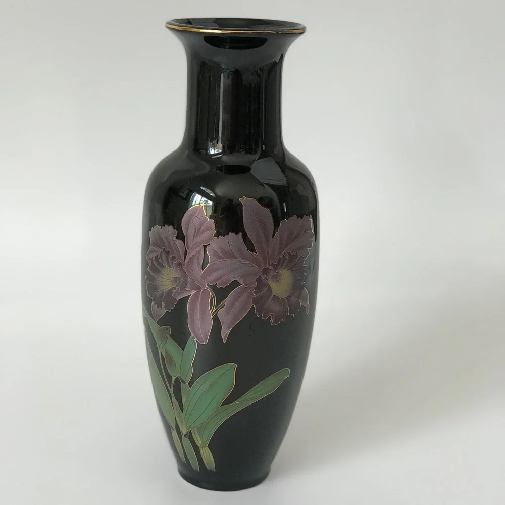 Vintage Japanese Black Porcelain Gold Trim Vase