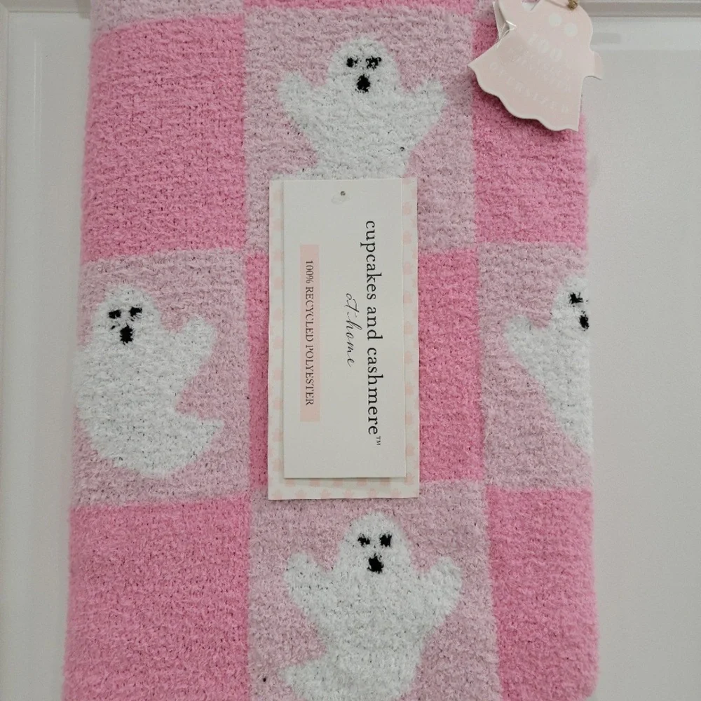 Pink Checkerboard Ghost Throw Blanket Halloween Cupcakes and Cashmere NEW
