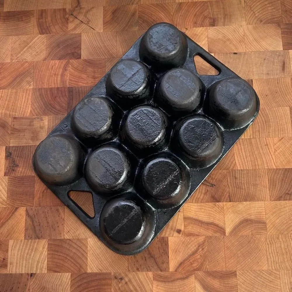 Rare Made in USA Antique No. 2 Cast Iron 11 Hole Muffin Pan - Triangle Holes