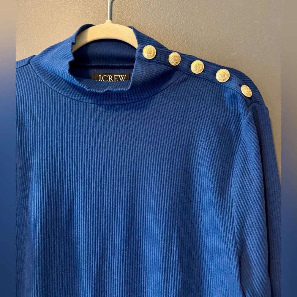 J. Crew Ribbed Navy Blue Turtleneck Gold Buttons. Preppy Top. Size Large.