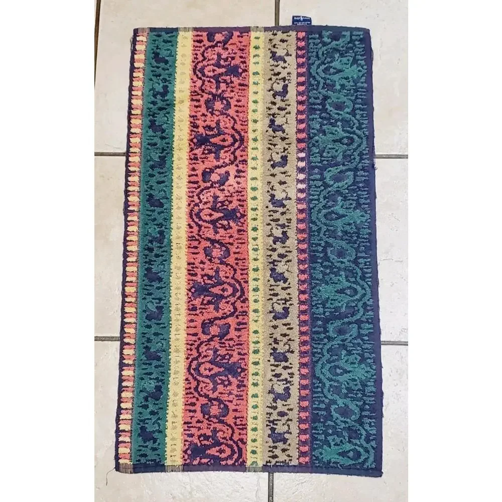 Vintage RALPH LAUREN Hand Towel Stripes w/Filigree Red Green Blue Gold Teal