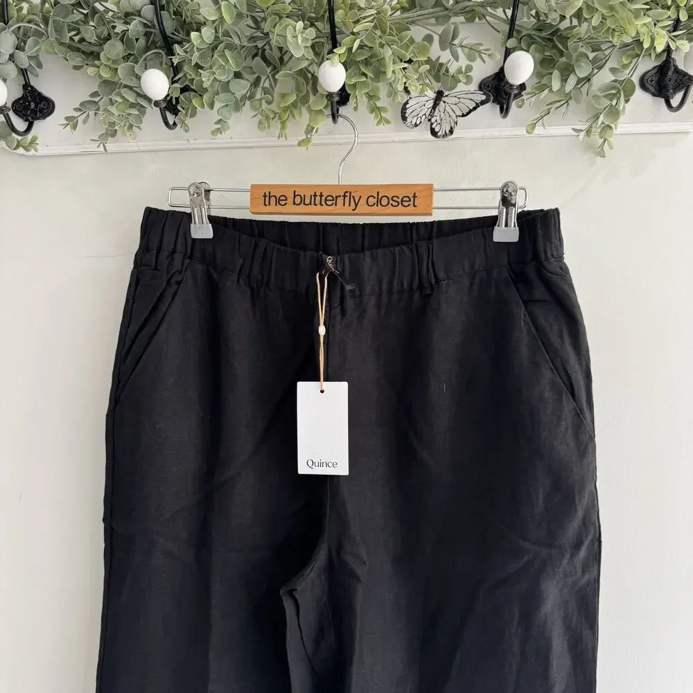 Women’s Quince 100% Linen Wide Leg Black Elastic Waist Pants Large M mm80