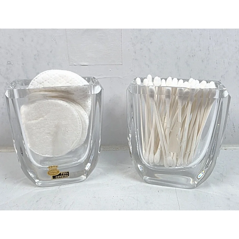 Vtg MCM Skruf Sweden Lead Crystal Pair of 2 Vases Vanity Organizers Signed 3.5