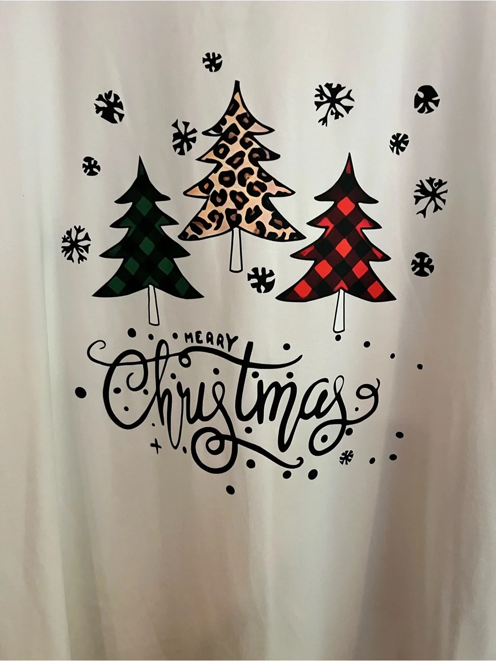 Holiday Merry Christmas Graphic Tee - White with Green, Beige, Red Trees