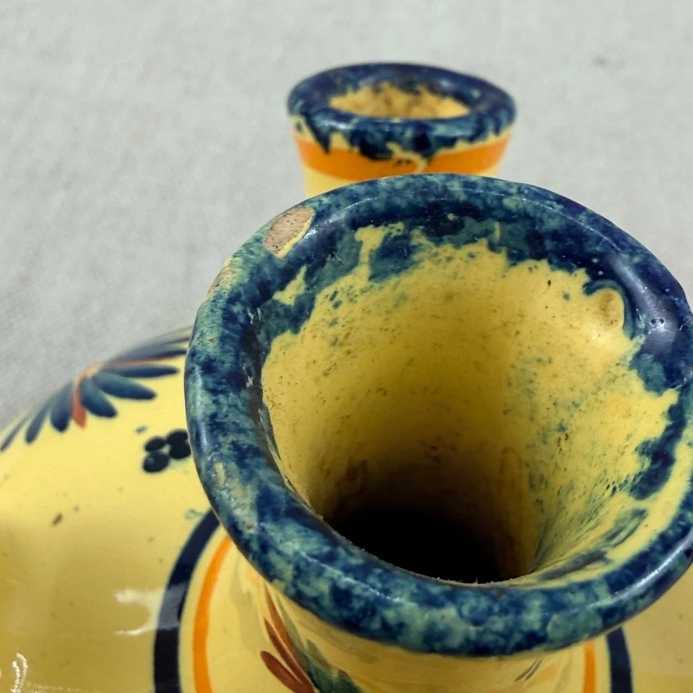 Vintage HenRiot Quimper France 5-Finger Tulip Vase Yellow Floral Quintal