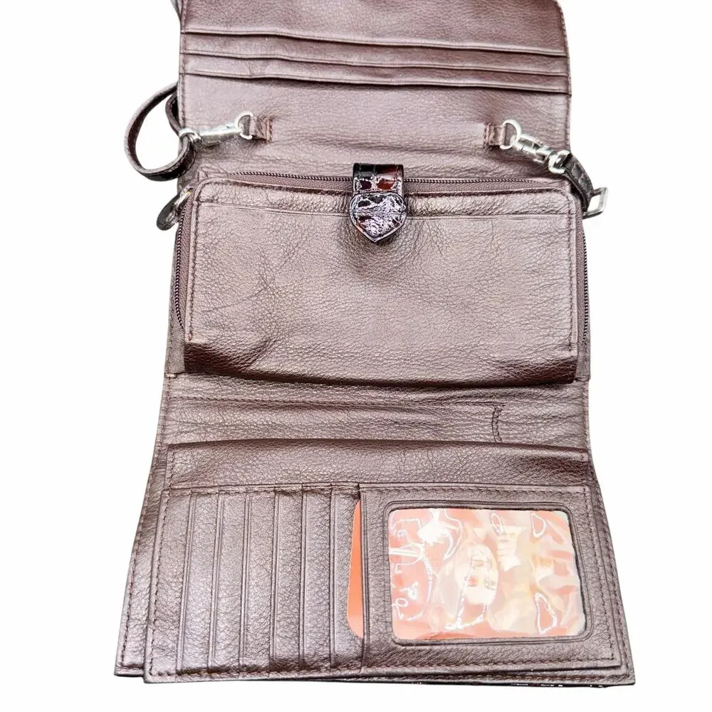 Brighton Croc Embossed Brown Leather Wallet Crossbody Heart Clasp