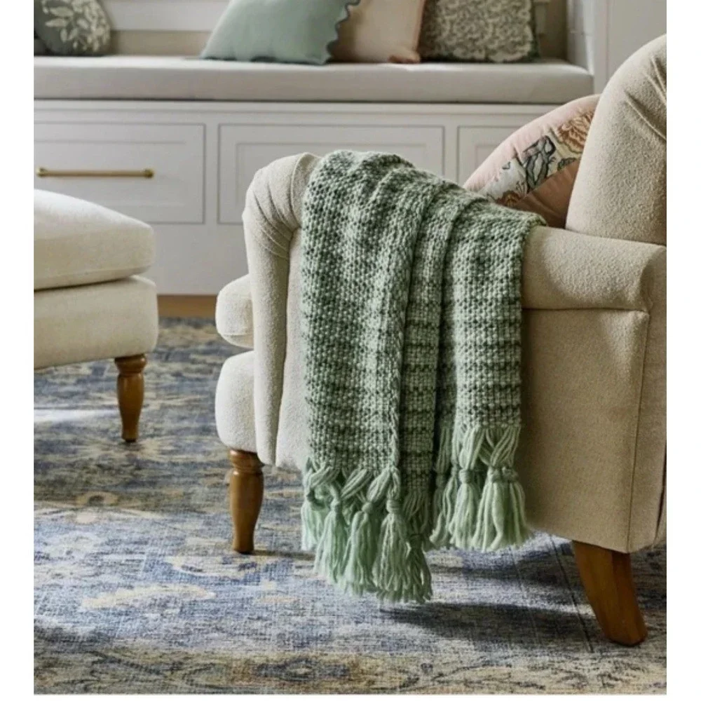 Threshold‎ Mixed Yarn Woven Blanket Throw with Crossed Tassels Multi Green- NWT