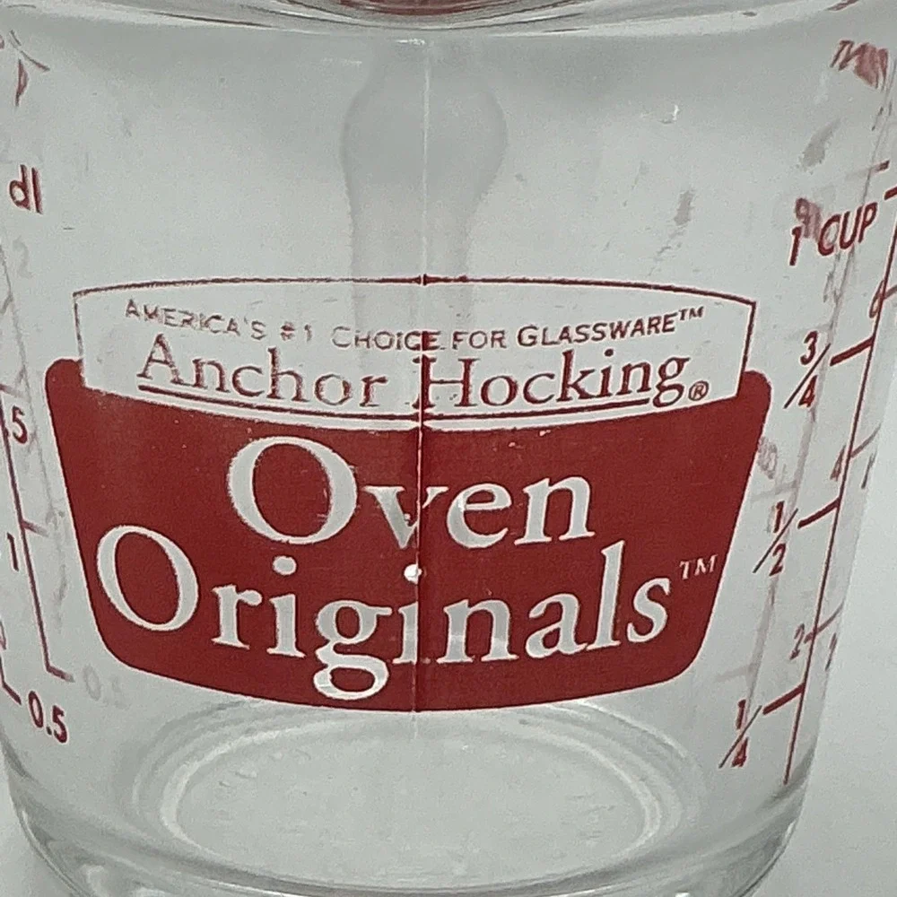 Vintage Anchor Hocking Oven Basics #496 Red Print 1 Cup/8 oz Glass Measuring Cup