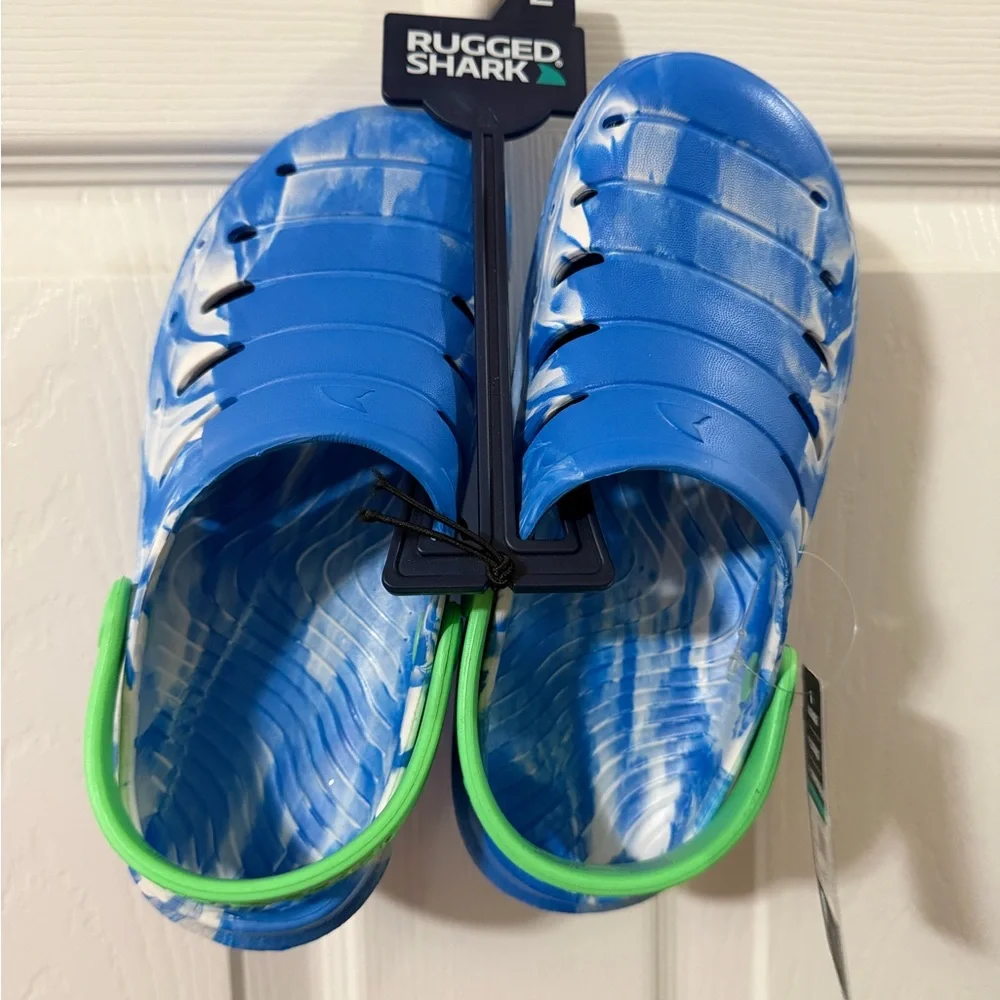 Rugged Shark EVA Clogs Kids Size 2 Blue Green NEW Marble Swirl Water Shoes