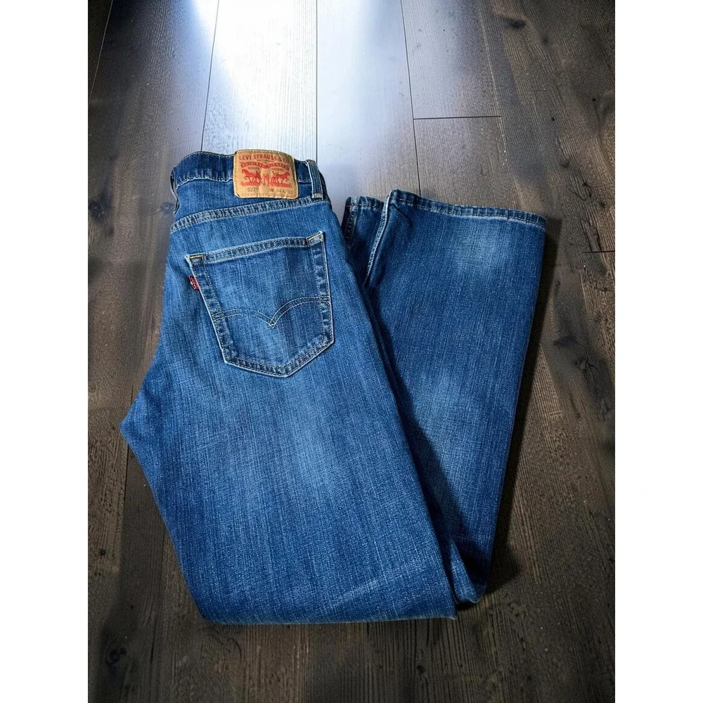 Levis 527 Slim Bootcut Jeans Mens 34x32 Med Dark Wash Distressed Denim