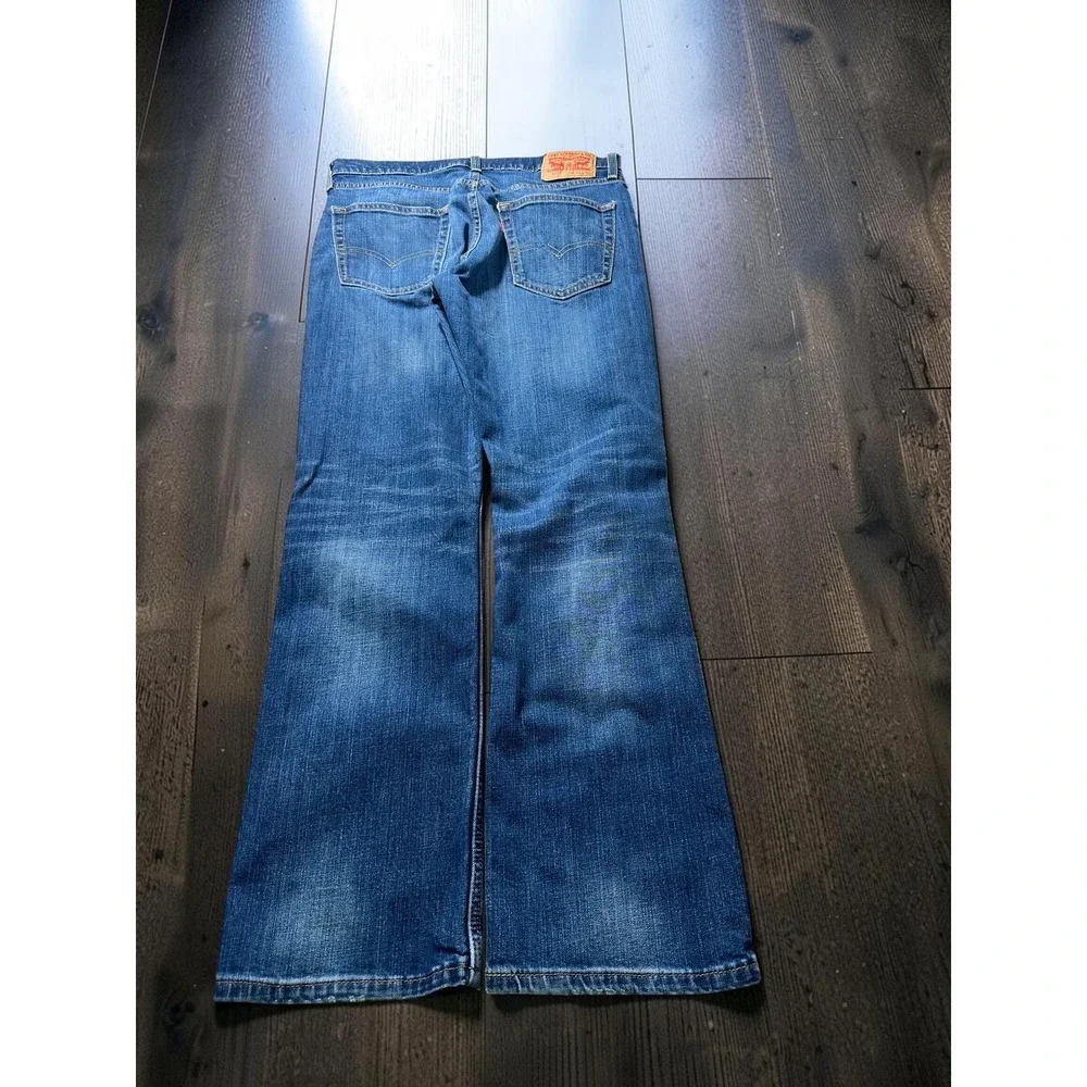 Levis 527 Slim Bootcut Jeans Mens 34x32 Med Dark Wash Distressed Denim
