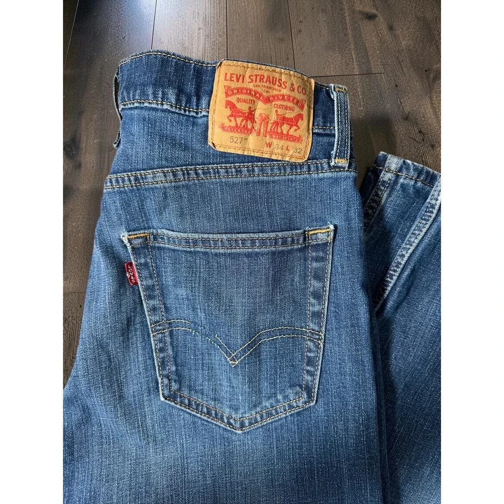 Levis 527 Slim Bootcut Jeans Mens 34x32 Med Dark Wash Distressed Denim