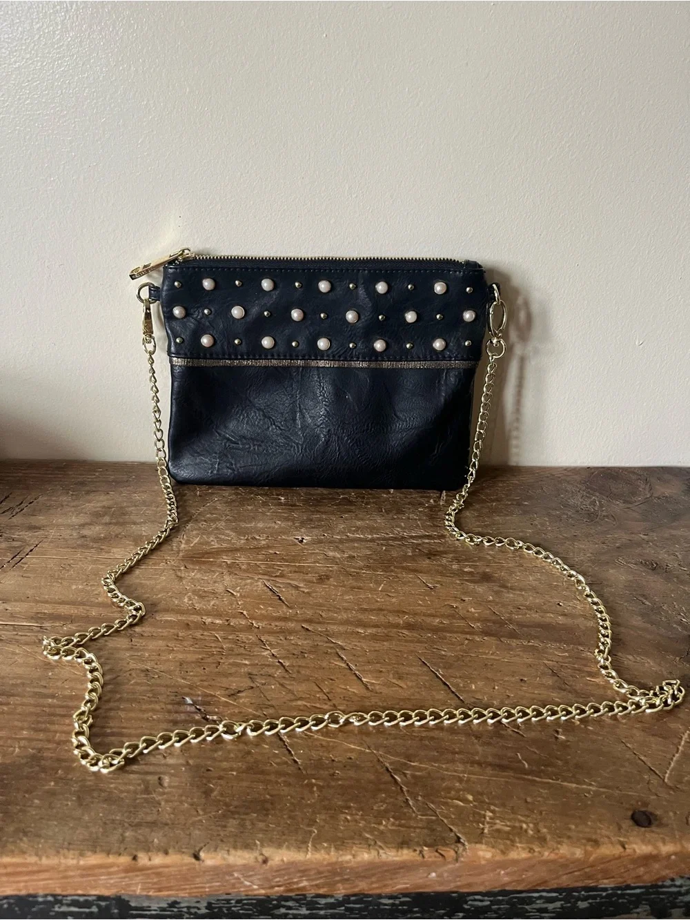 Madden Girl Black Faux-Leather Crossbody with Pearl Studs and Gold Chain