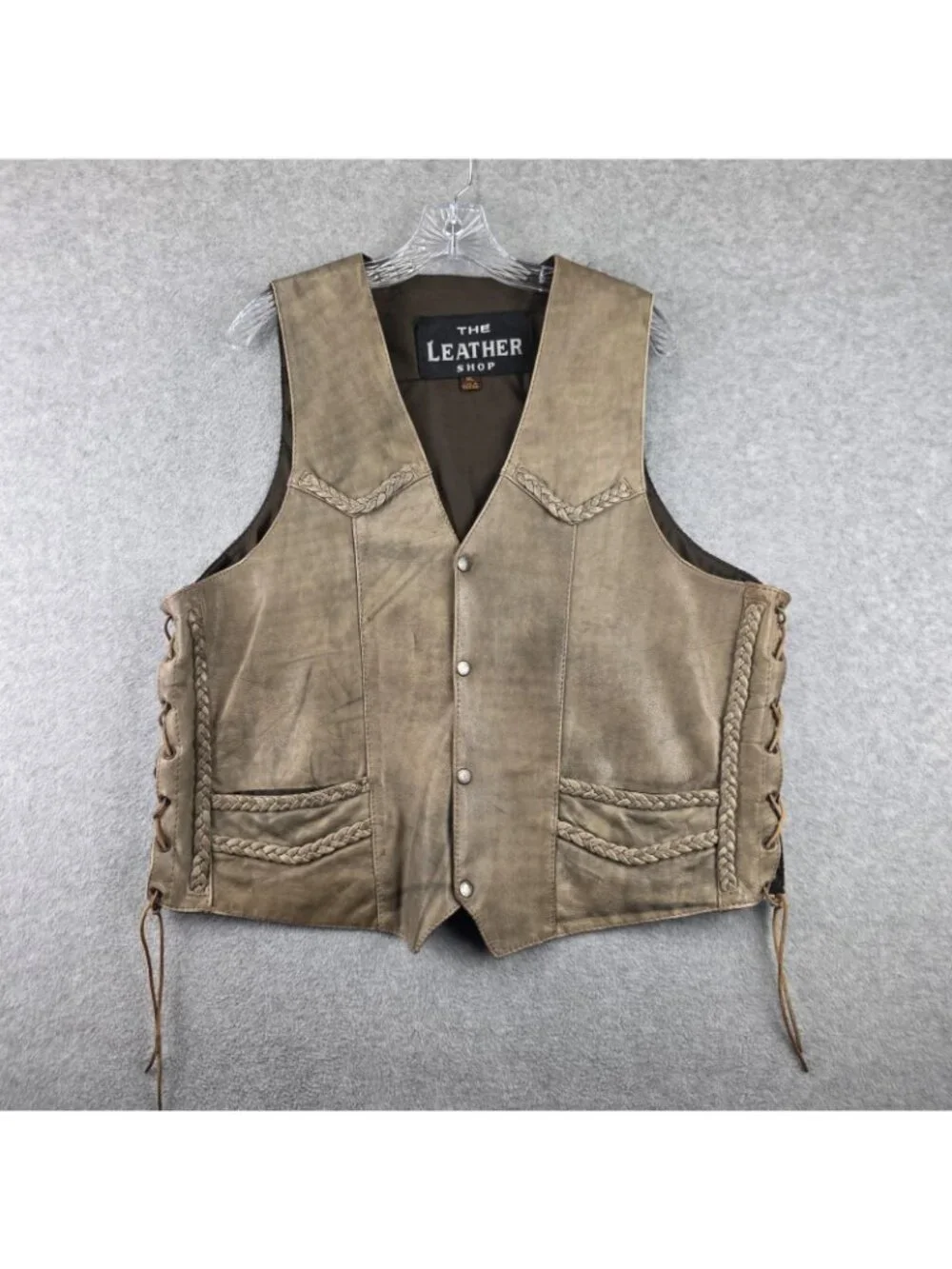The Leather Shop Vest Mens XL Brown Leather Eagle Scenic Biker Lace Up Vest
