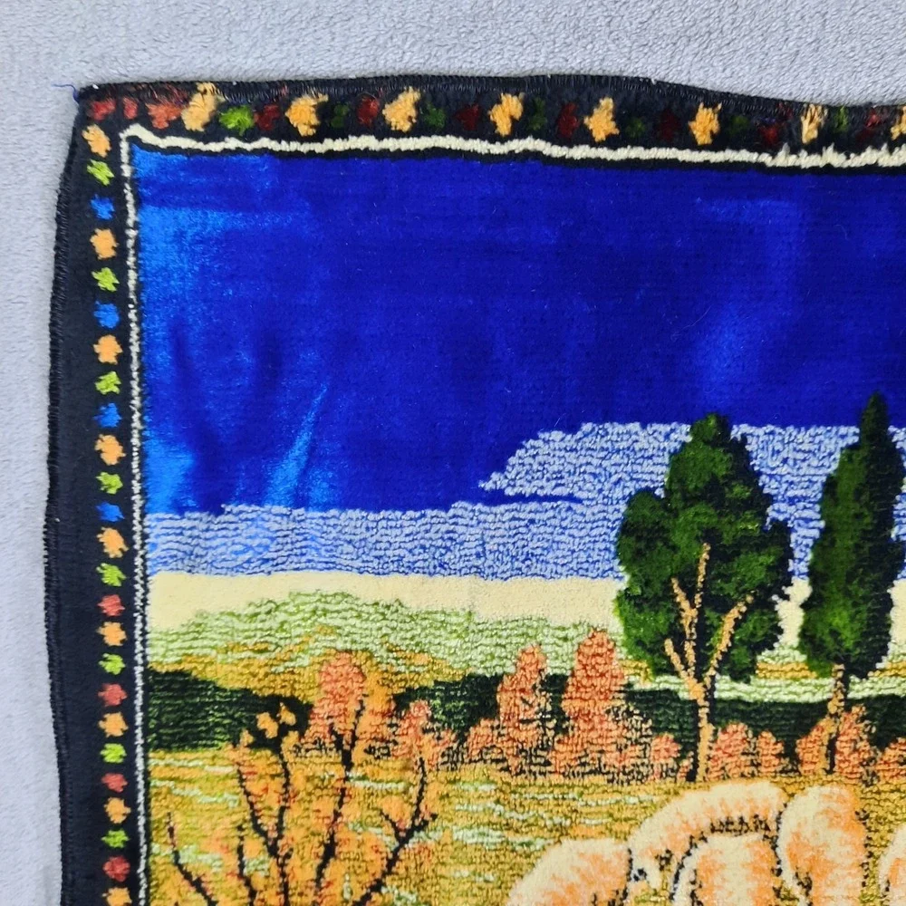 Vintage Jesus The Good Shepherd and Sheep Velvet Tapestry Wall Hanging Religious