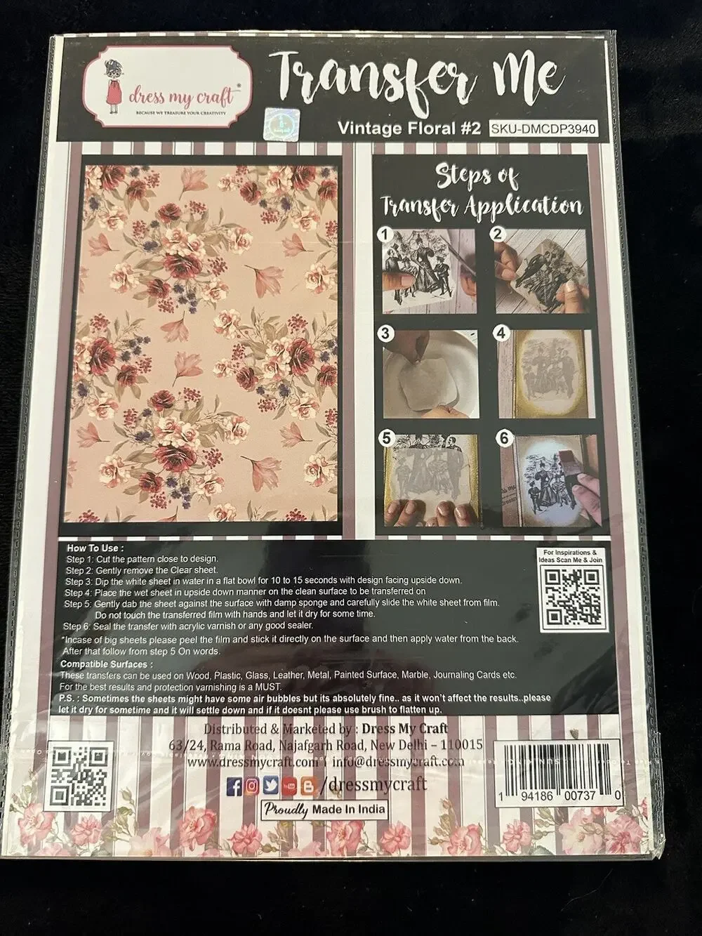 New Sealed Dress My Craft Transfer Me Vintage Floral #2 Flower Floral Dip In H2O