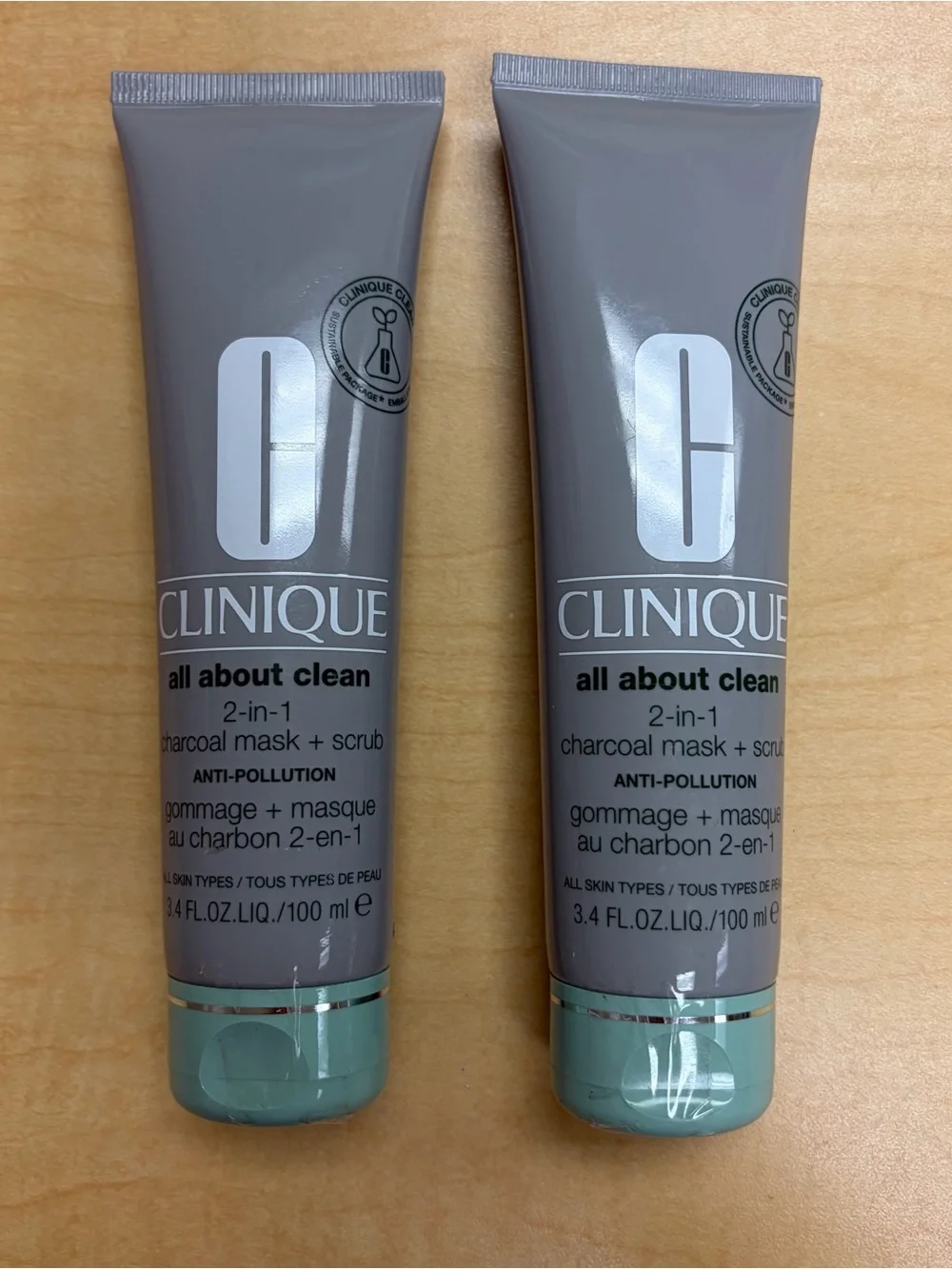 Lot of 2- Clinique All About Clean 2-in-1 Charcoal Mask + Scrub -Full Size 3.4oz