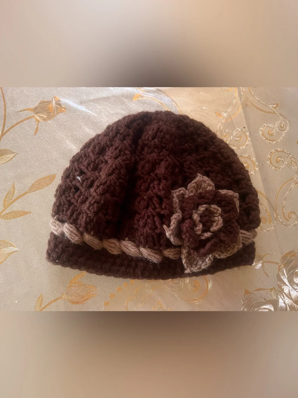 Handmade Brown Crochet Beanie with Flower Accent