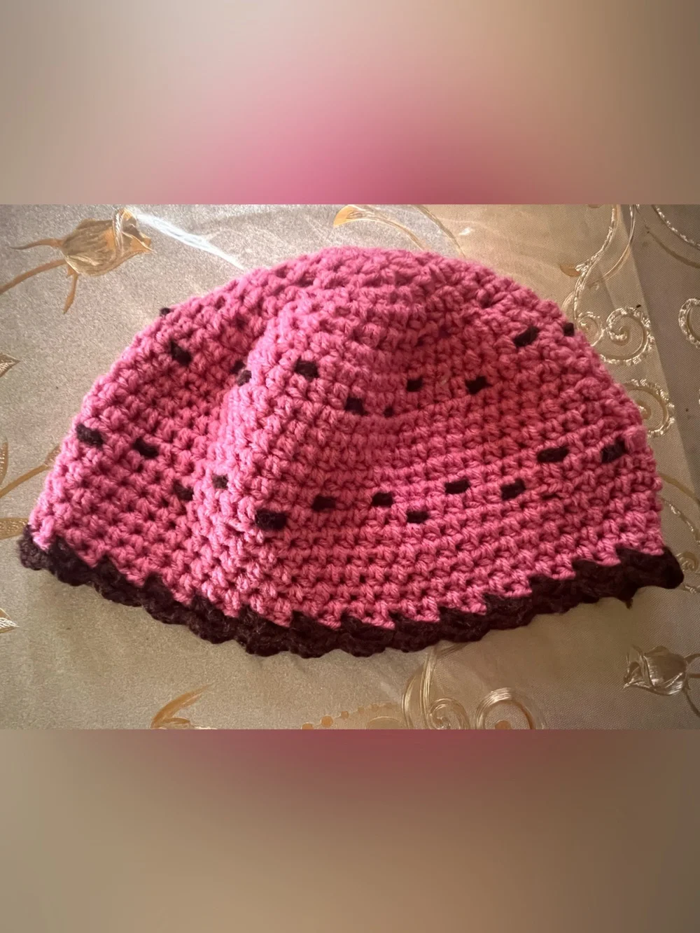 Handmade Crochet Pink Beanie with Brown Trim
