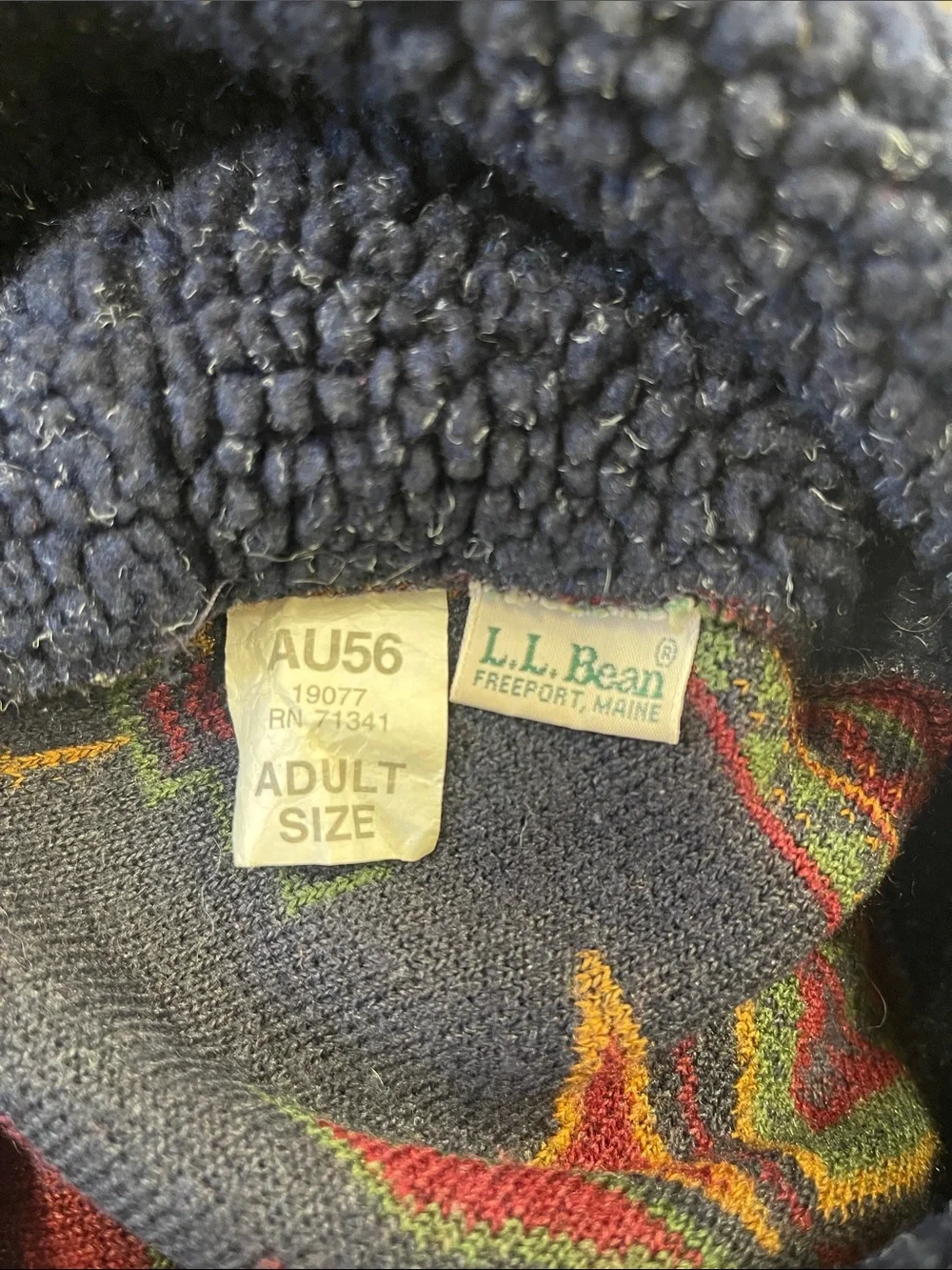 L.L. Bean Navy Fleece Earflap Hat with Red Accent Pattern