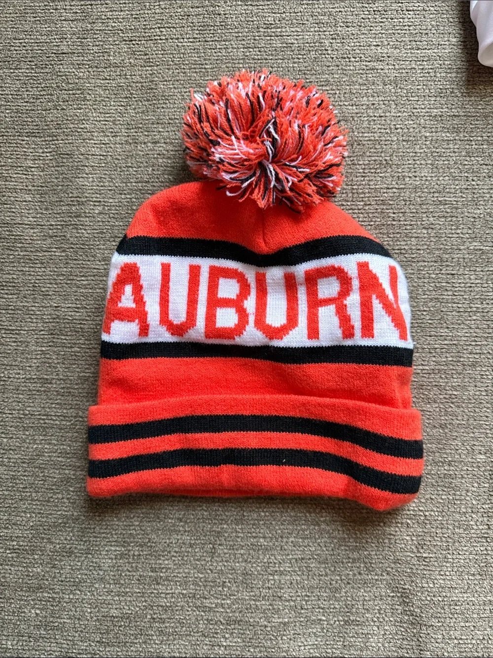 Auburn Pom Beanie Hat - Orange & Black Kids Winter Hat