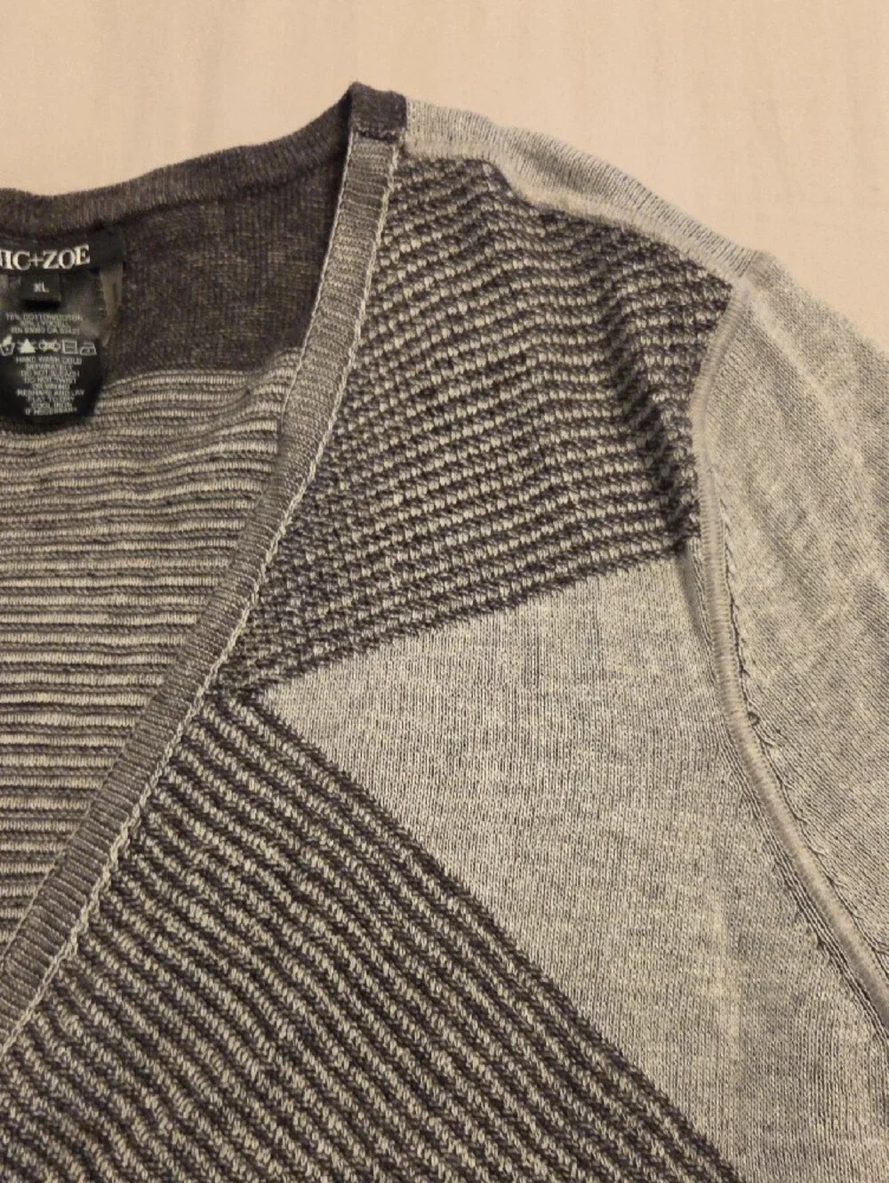 Nic + Zoe Gray & Charcoal Striped Open Cardigan with Pink Cuff Detail