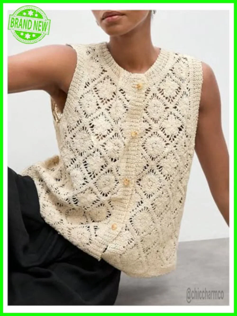 Crochet Knit Sleeveless Hollow Out Button Down Vest Tops Beach Cover Up Cardigan