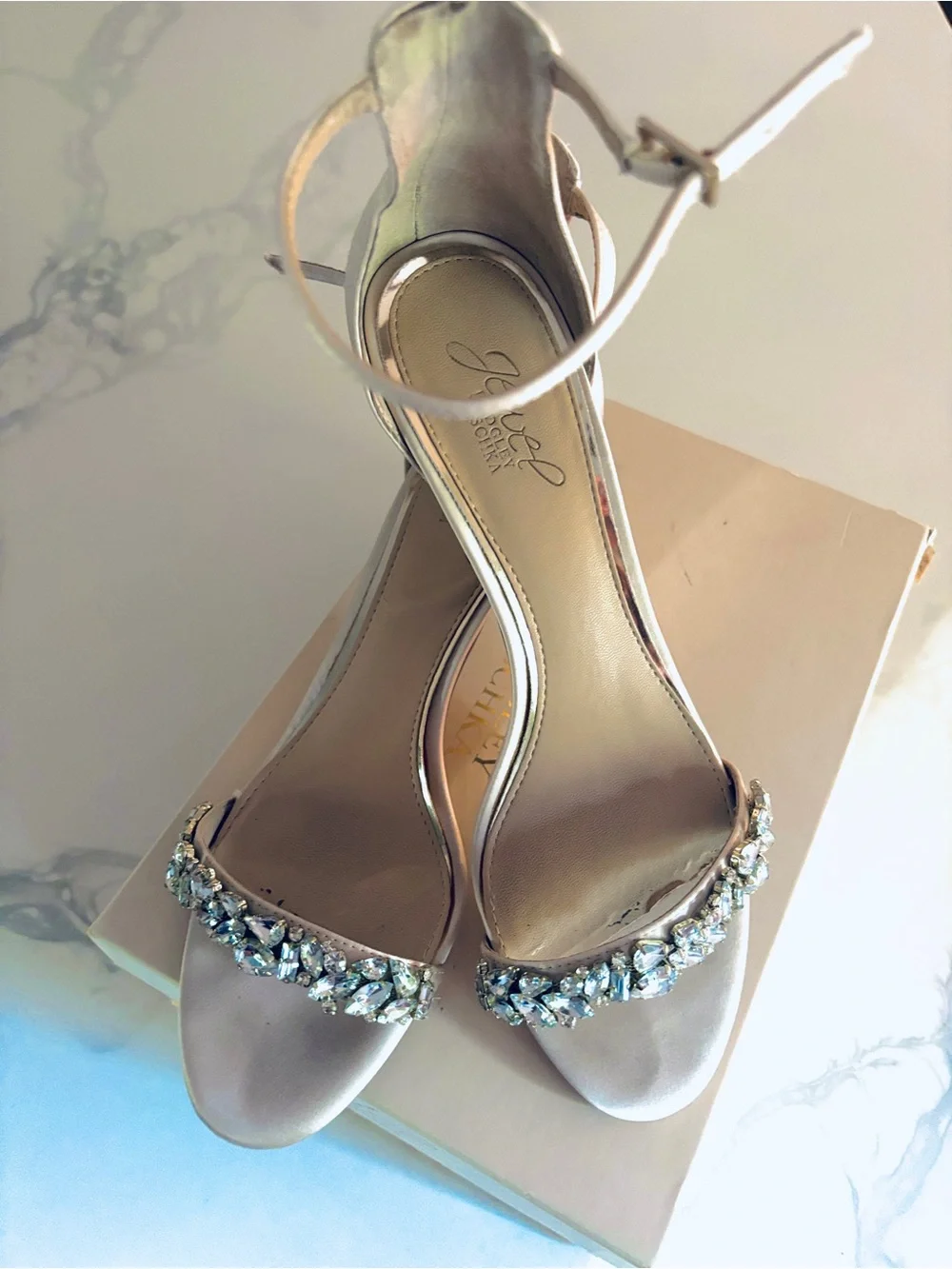 Jewel Badgley Mischka Crystal-Embellished Nude Satin Kitten Heel Sandal