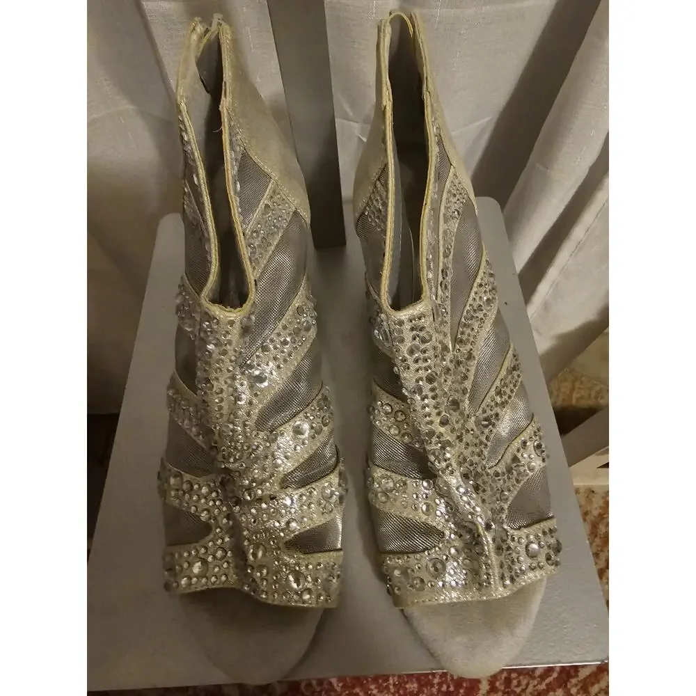 Silver Heels Size 8W | Sparkle Zipper Back‎ Wedge | Joan Boyce