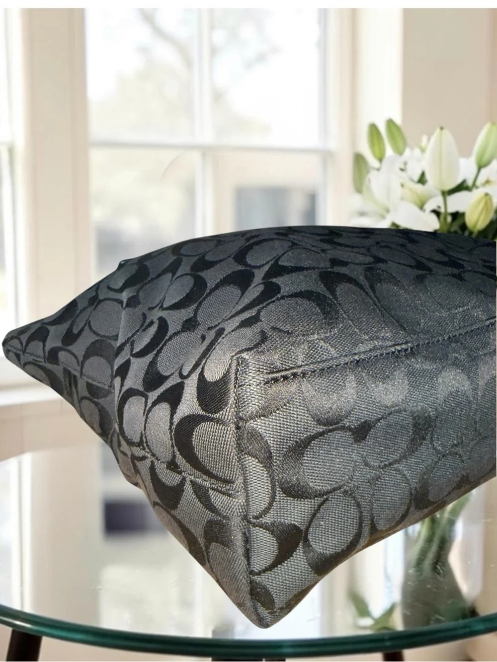 Coach Signature Stripe Python Tote Bag Black Grey F25706