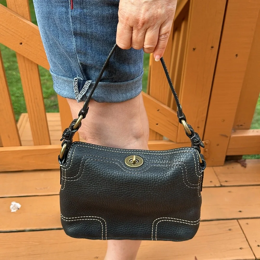 Coach Black Pebbled Leather Shoulder Bag with Brass Hardware