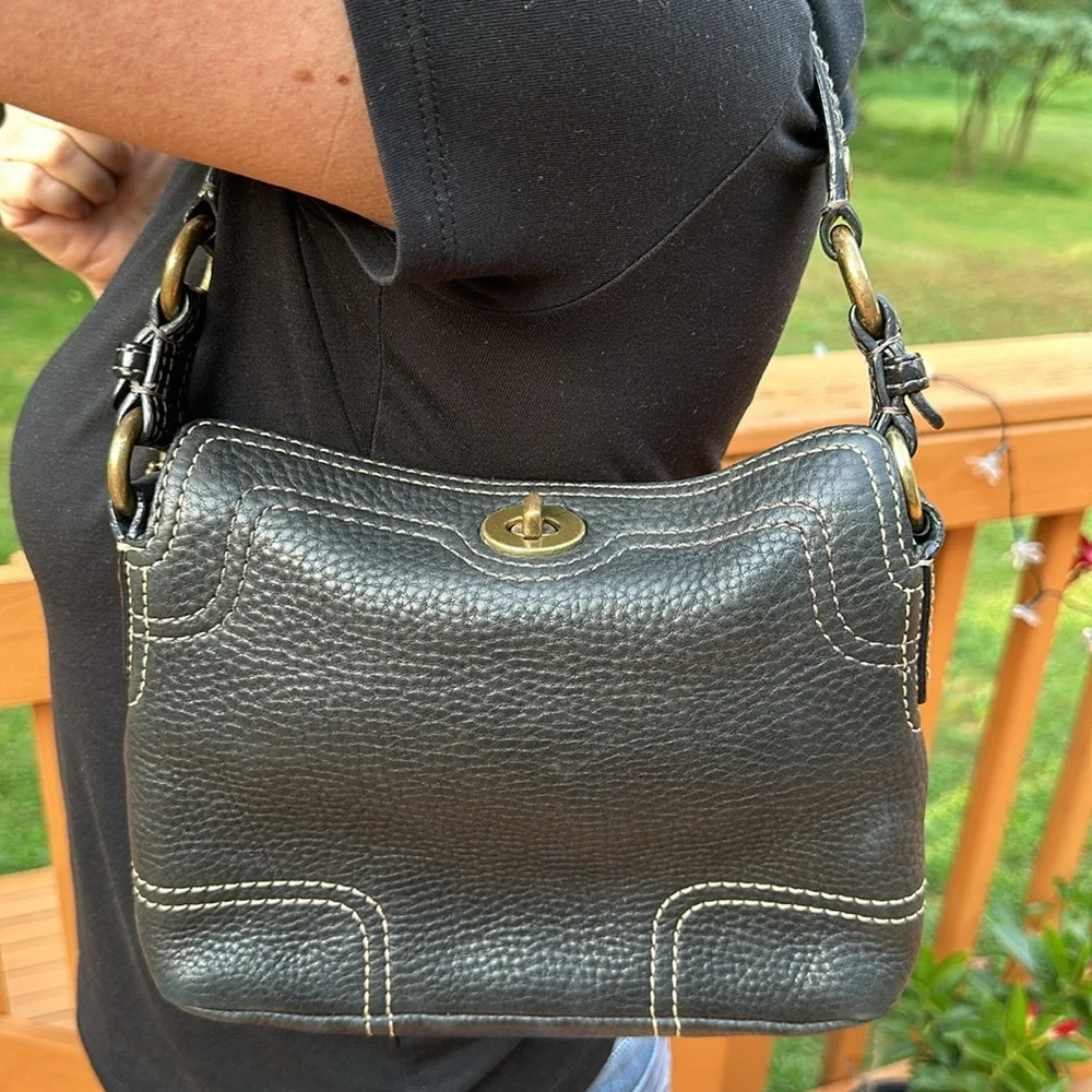 Coach Black Pebbled Leather Shoulder Bag with Brass Hardware