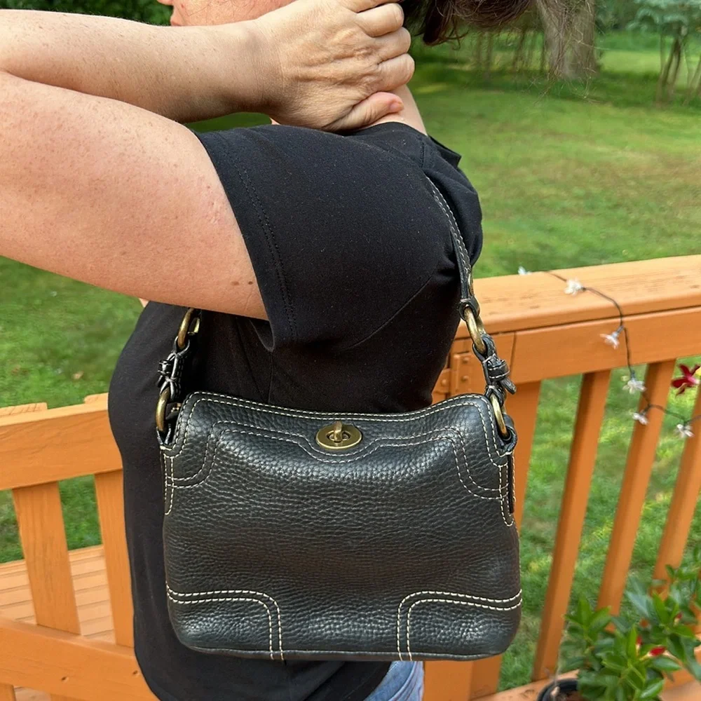 Coach Black Pebbled Leather Shoulder Bag with Brass Hardware