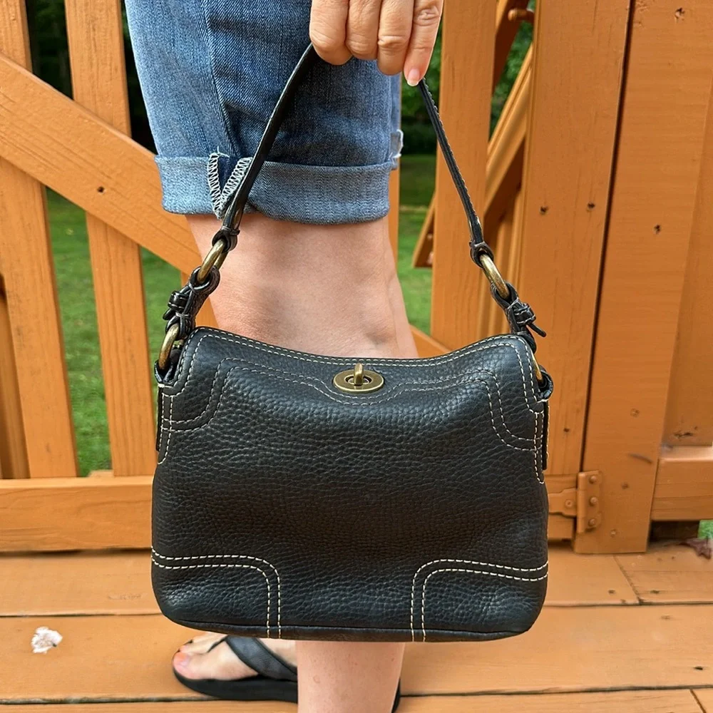 Coach Black Pebbled Leather Shoulder Bag with Brass Hardware