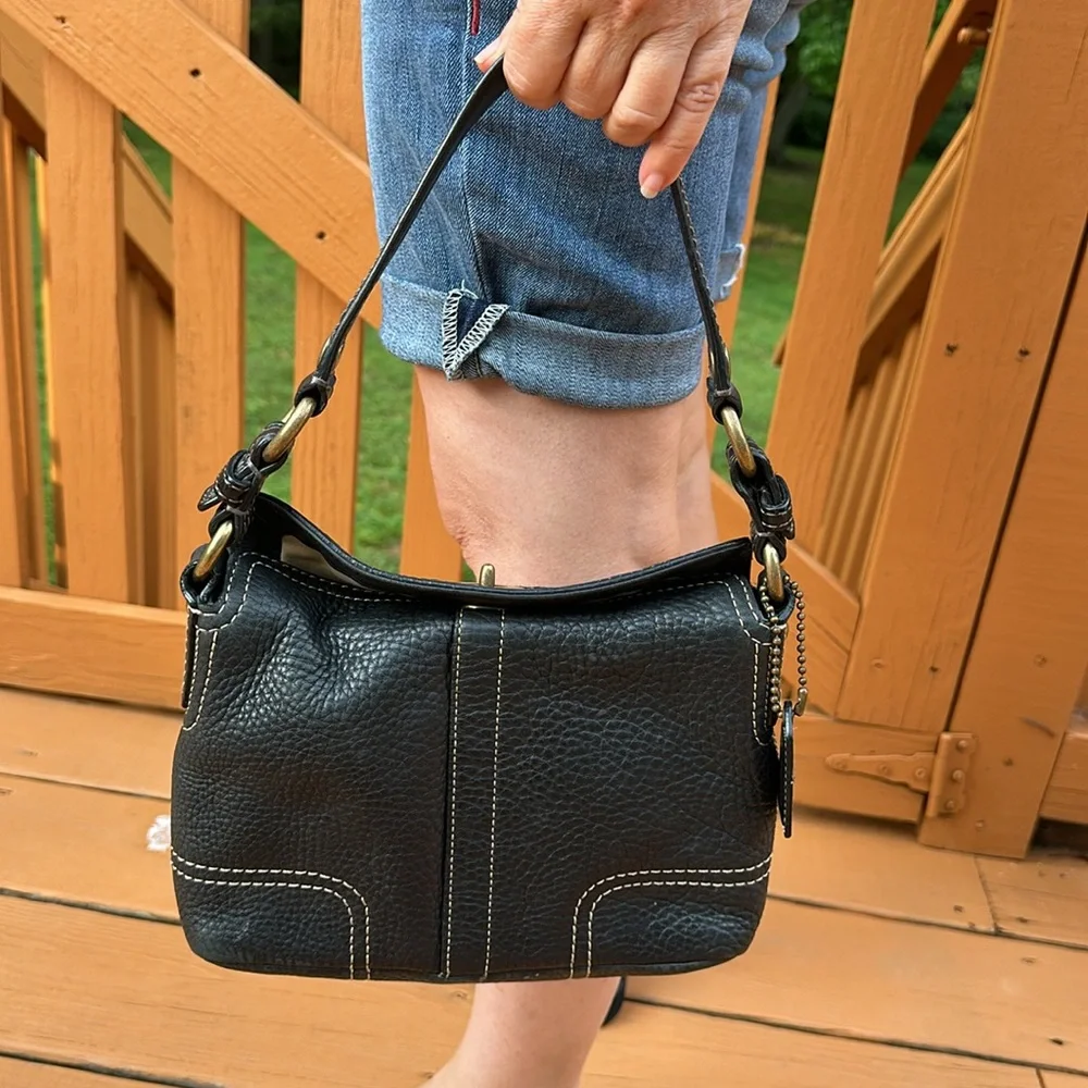 Coach Black Pebbled Leather Shoulder Bag with Brass Hardware