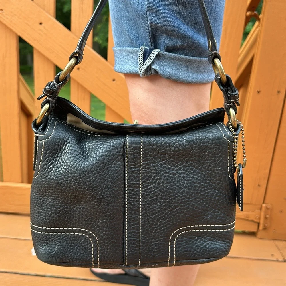Coach Black Pebbled Leather Shoulder Bag with Brass Hardware