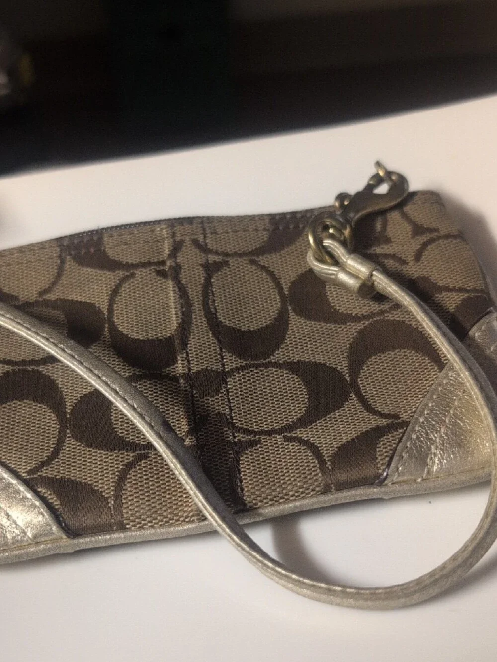VTG Coach Brown Signature Canvas Wristlet with Metallic Gold Accents