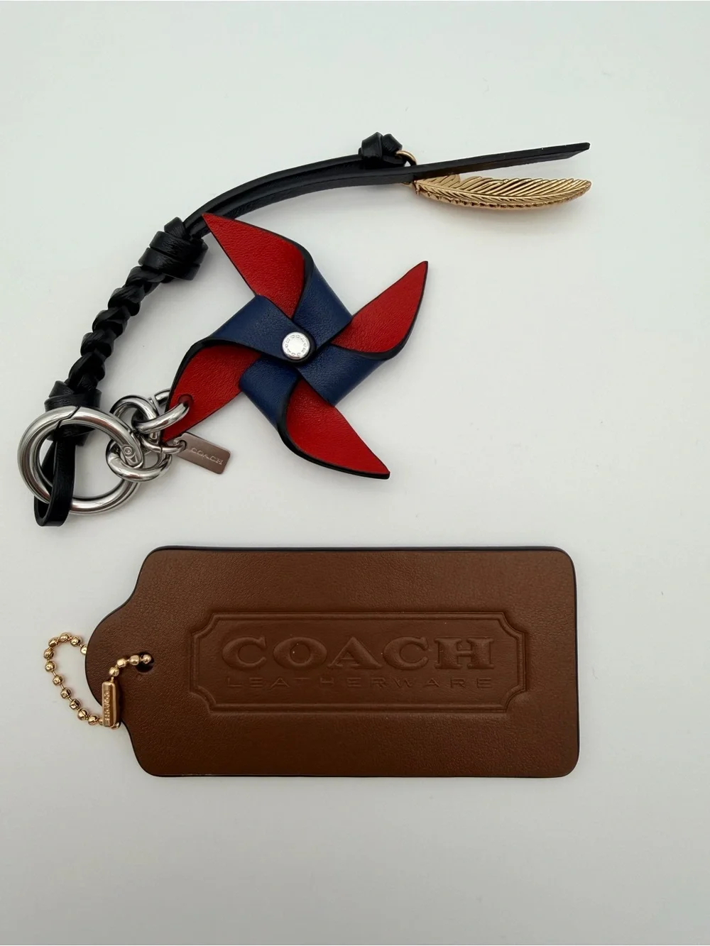 COACH Charm Hangtag Red & Navy Pinwheel Leather Keychain Charm