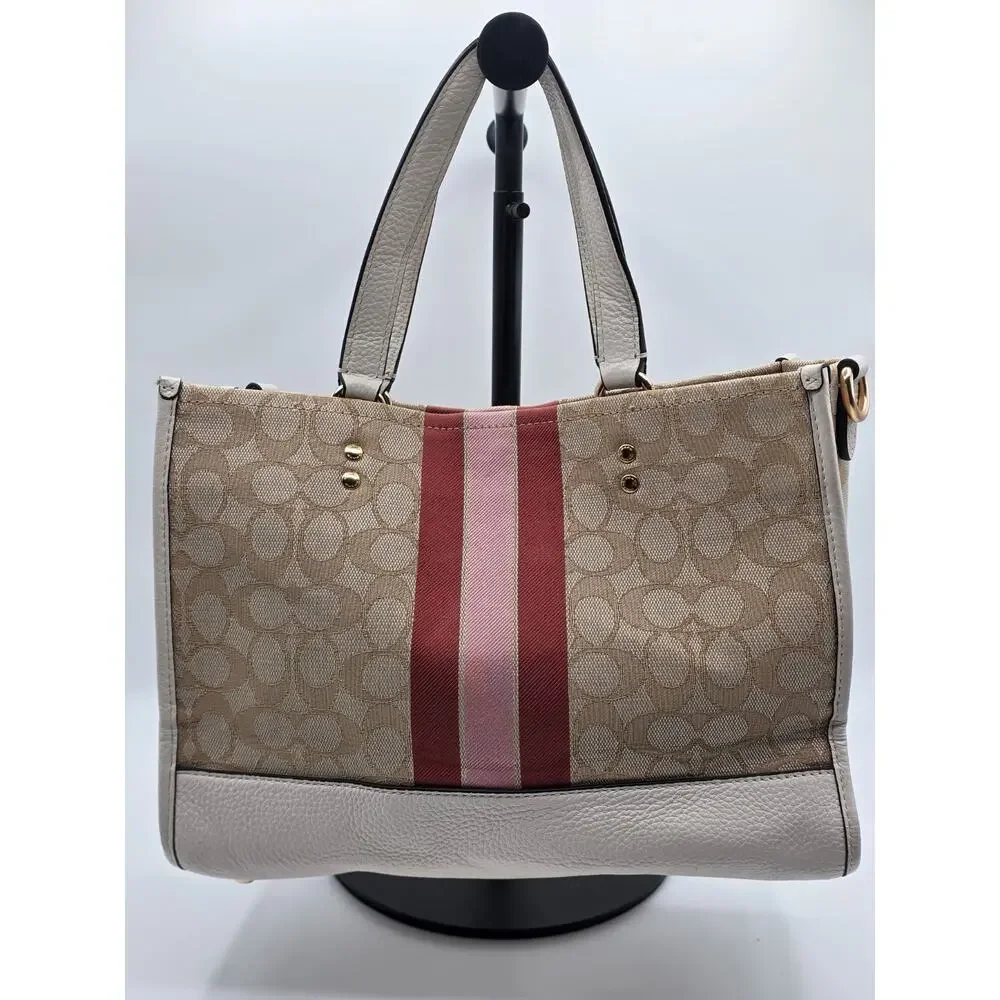 Coach Dempsey Tote 22 Signature Jacquard Khaki Chalk Pink Stripe Crossbody Bag