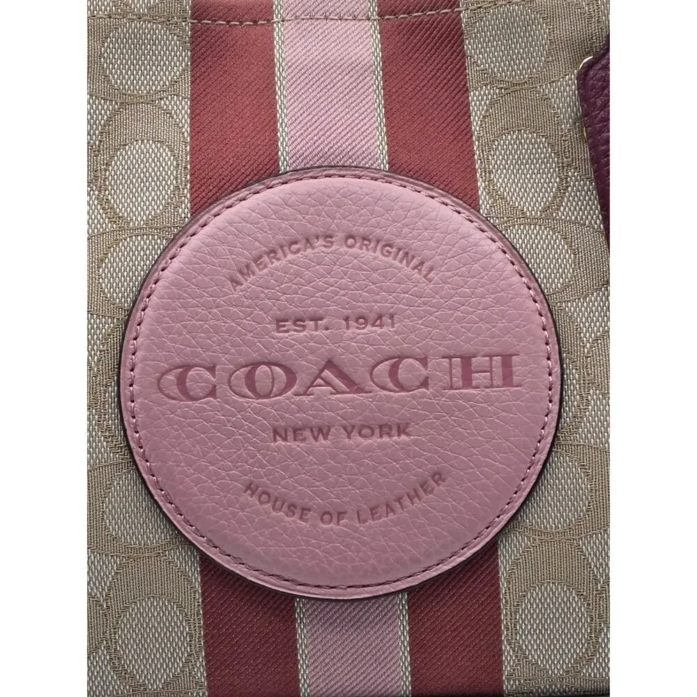 Coach Dempsey Tote 22 Signature Jacquard Khaki Chalk Pink Stripe Crossbody Bag