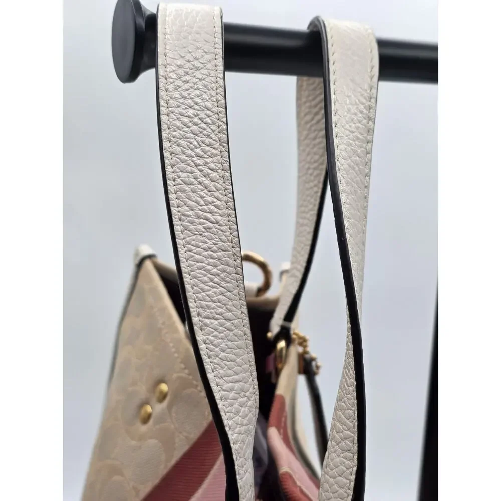 Coach Dempsey Tote 22 Signature Jacquard Khaki Chalk Pink Stripe Crossbody Bag