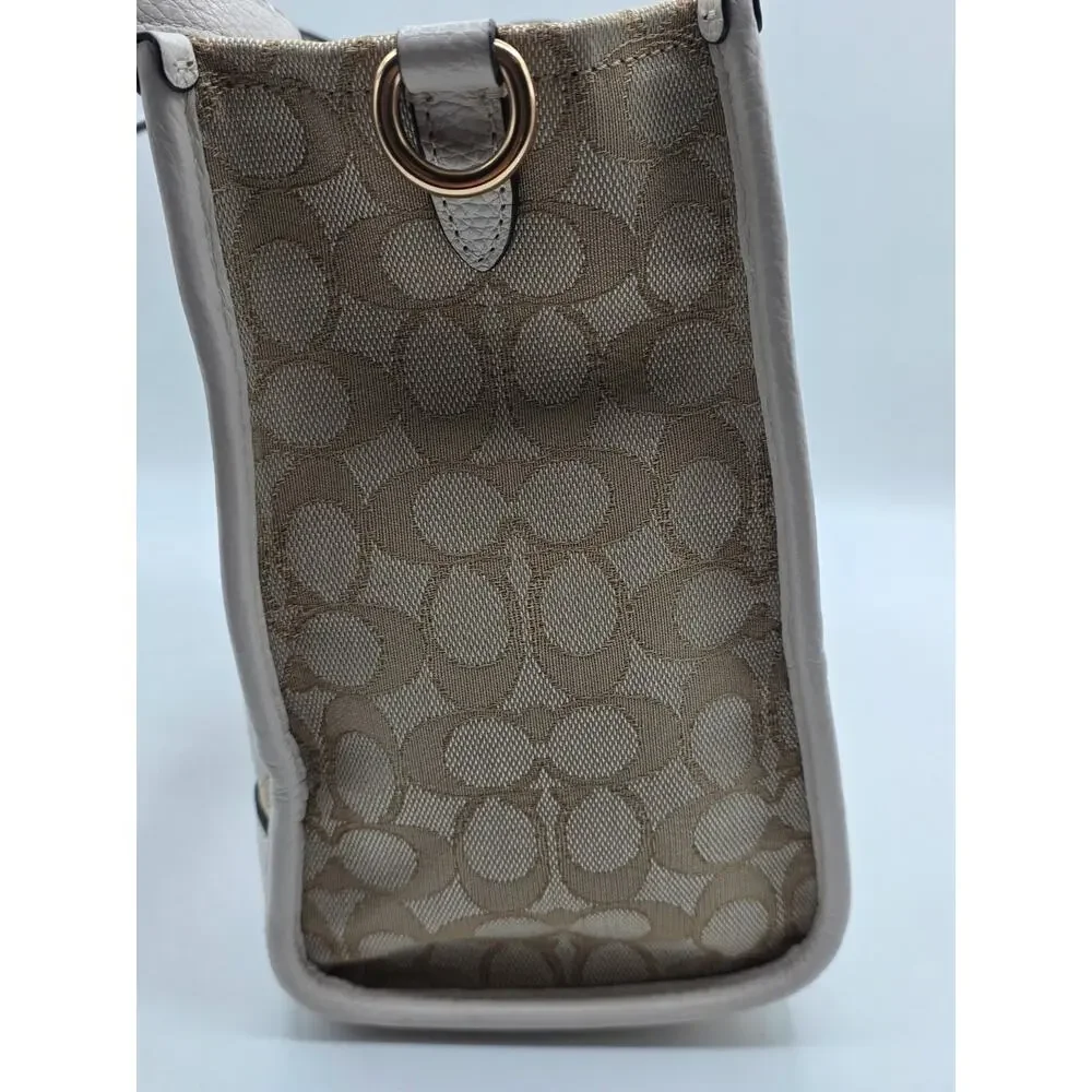 Coach Dempsey Tote 22 Signature Jacquard Khaki Chalk Pink Stripe Crossbody Bag