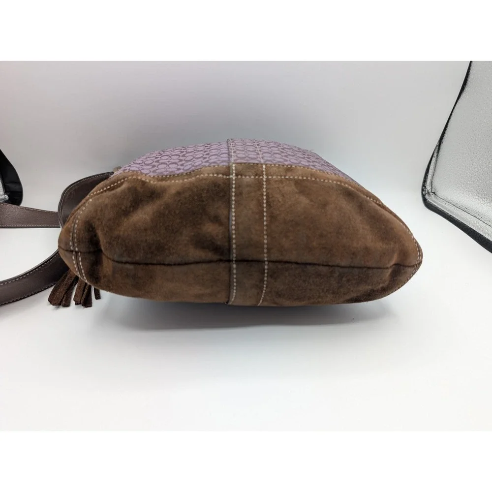 Vtg COACH F10417 Signature Jacquard Purple Plum Crossbody Bag Brown Suede Y2K