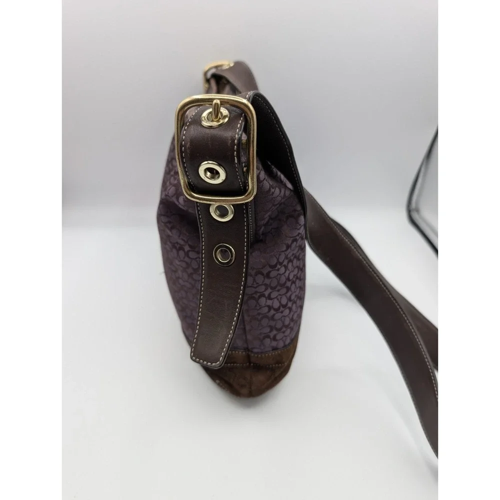 Vtg COACH F10417 Signature Jacquard Purple Plum Crossbody Bag Brown Suede Y2K