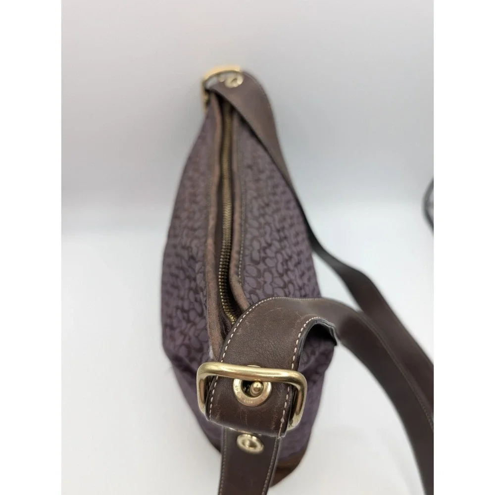 Vtg COACH F10417 Signature Jacquard Purple Plum Crossbody Bag Brown Suede Y2K