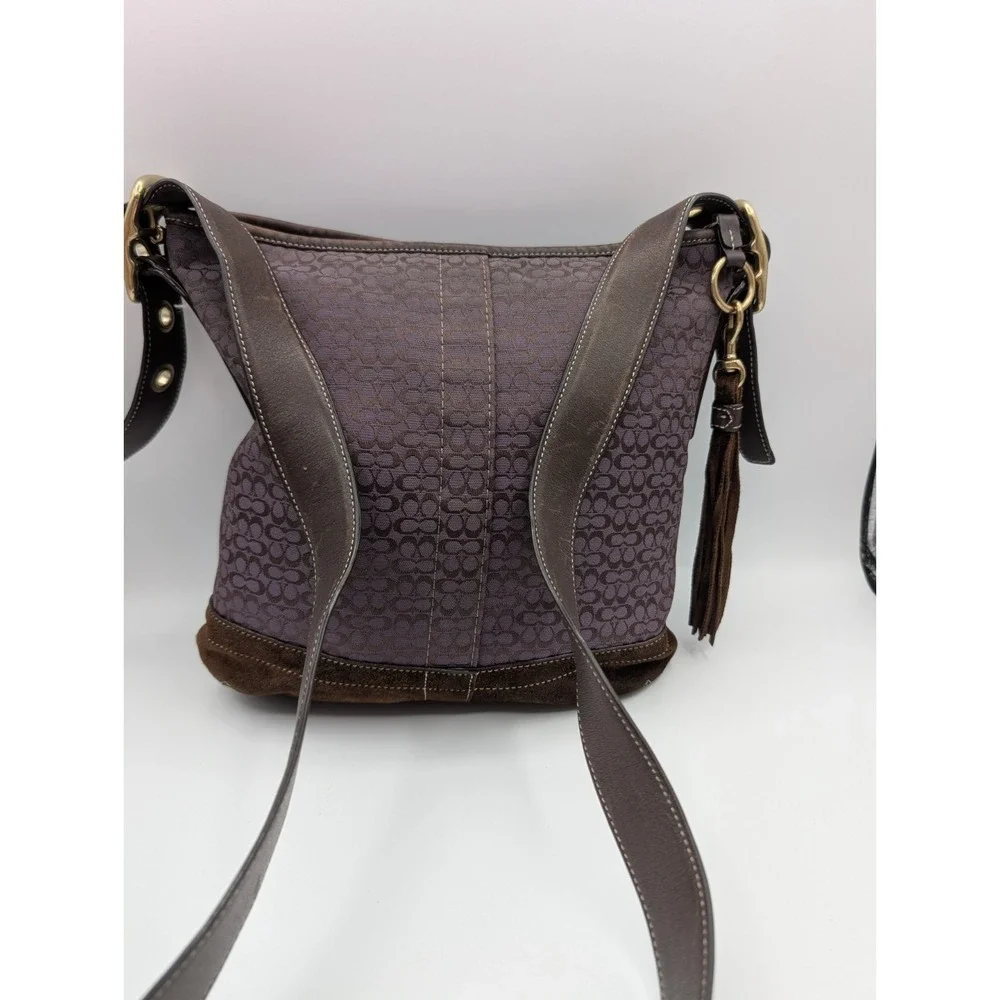 Vtg COACH F10417 Signature Jacquard Purple Plum Crossbody Bag Brown Suede Y2K