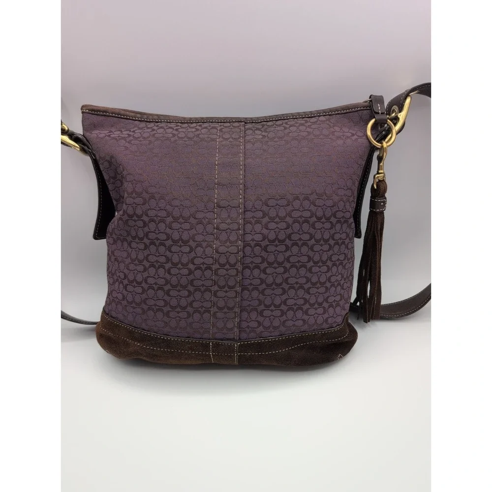 Vtg COACH F10417 Signature Jacquard Purple Plum Crossbody Bag Brown Suede Y2K