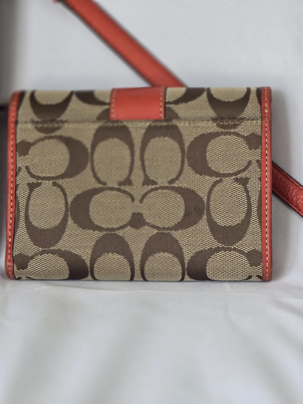 Coach Brown Signature Canvas Crossbody with Coral Trim and Matching Wallet