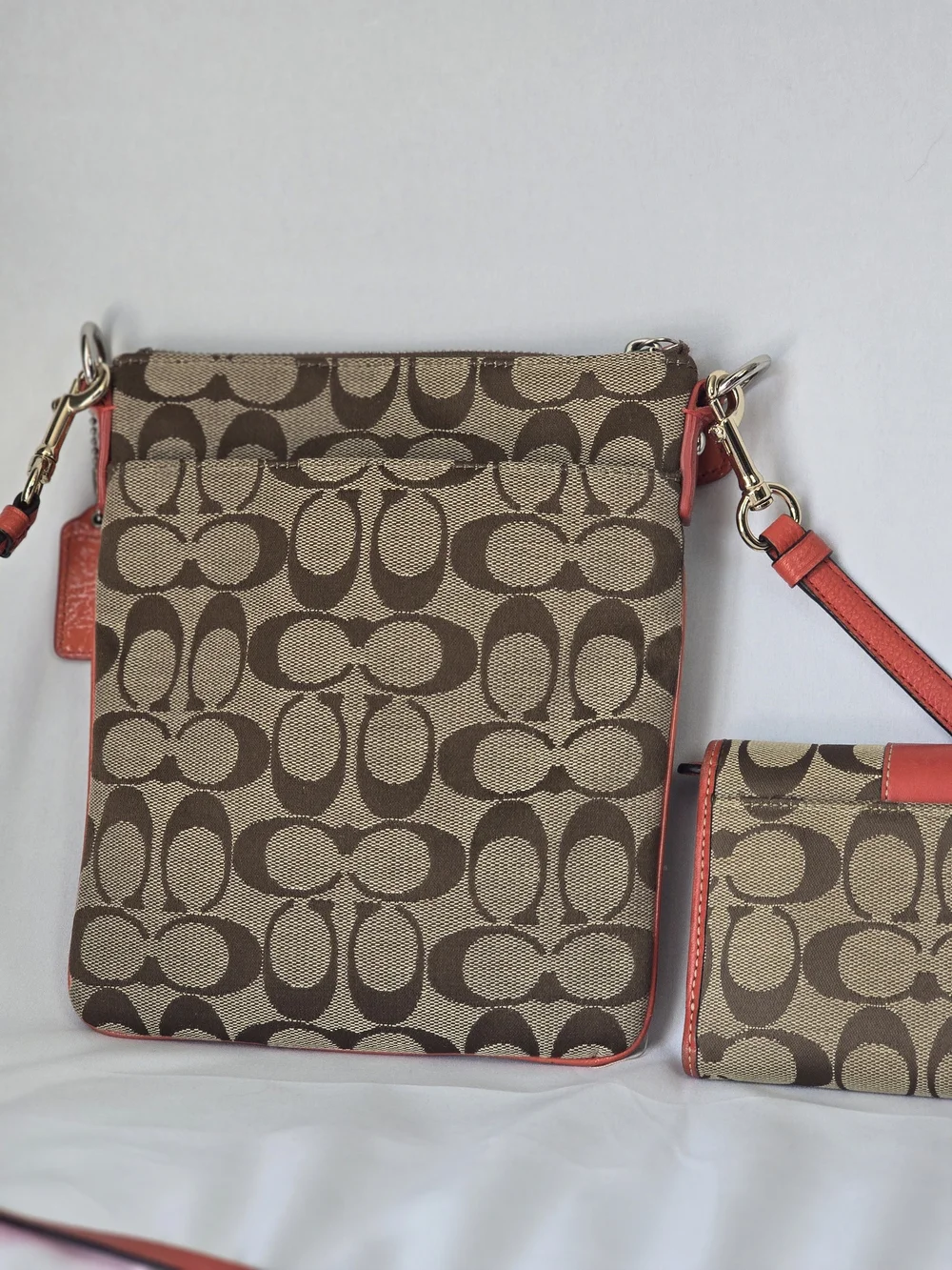 Coach Brown Signature Canvas Crossbody with Coral Trim and Matching Wallet