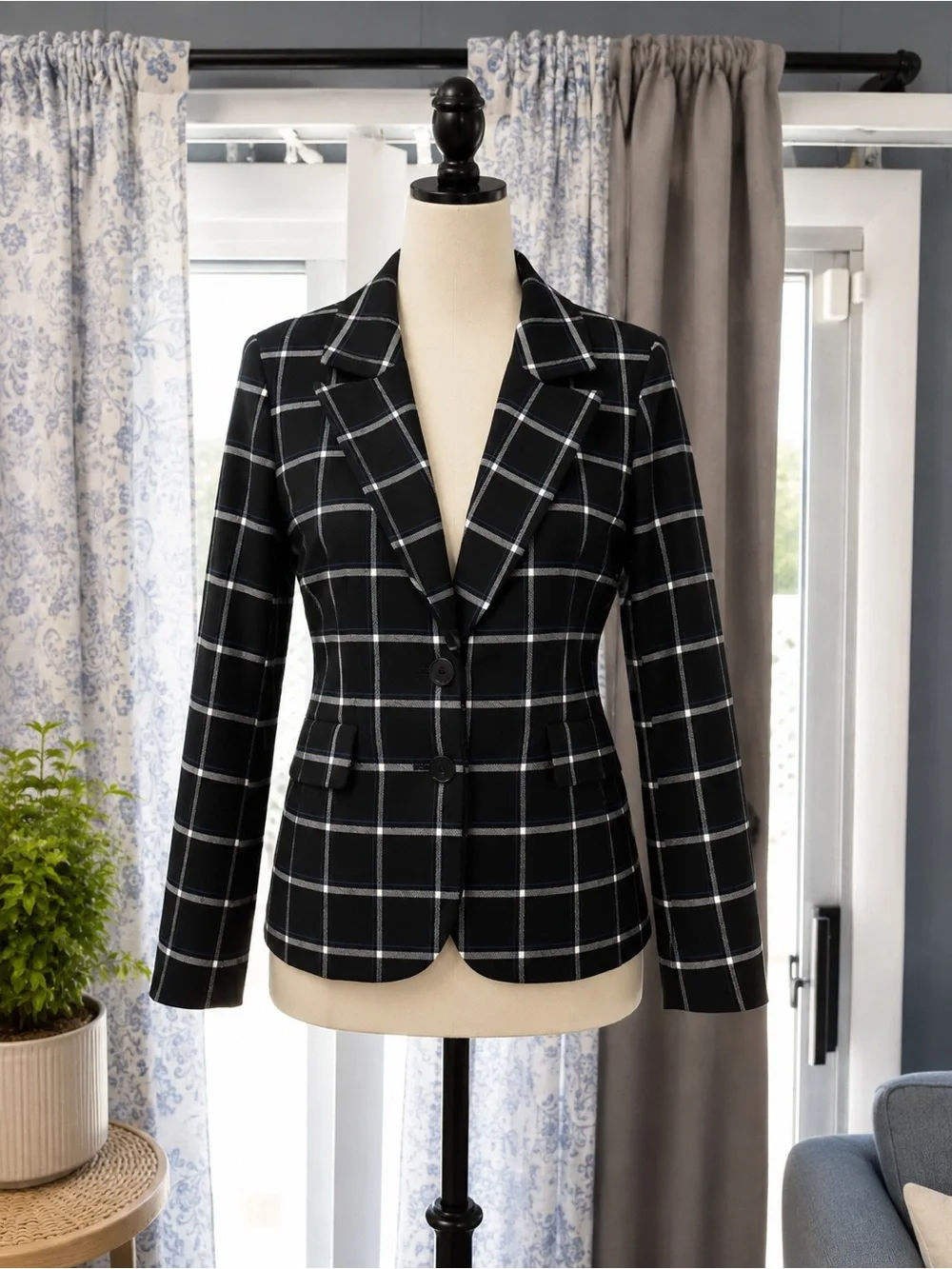 10 Crosby Derek Lam Black Windowpane Plaid Blazer